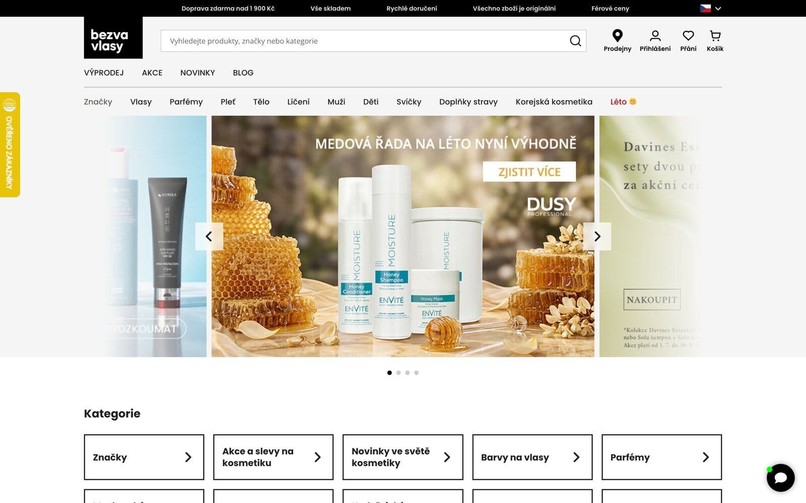 Aktuální homepage e-shopu Bezvavlasy.cz, jehož logistiku a klimatizovaný sklad zajišťuje PackWay