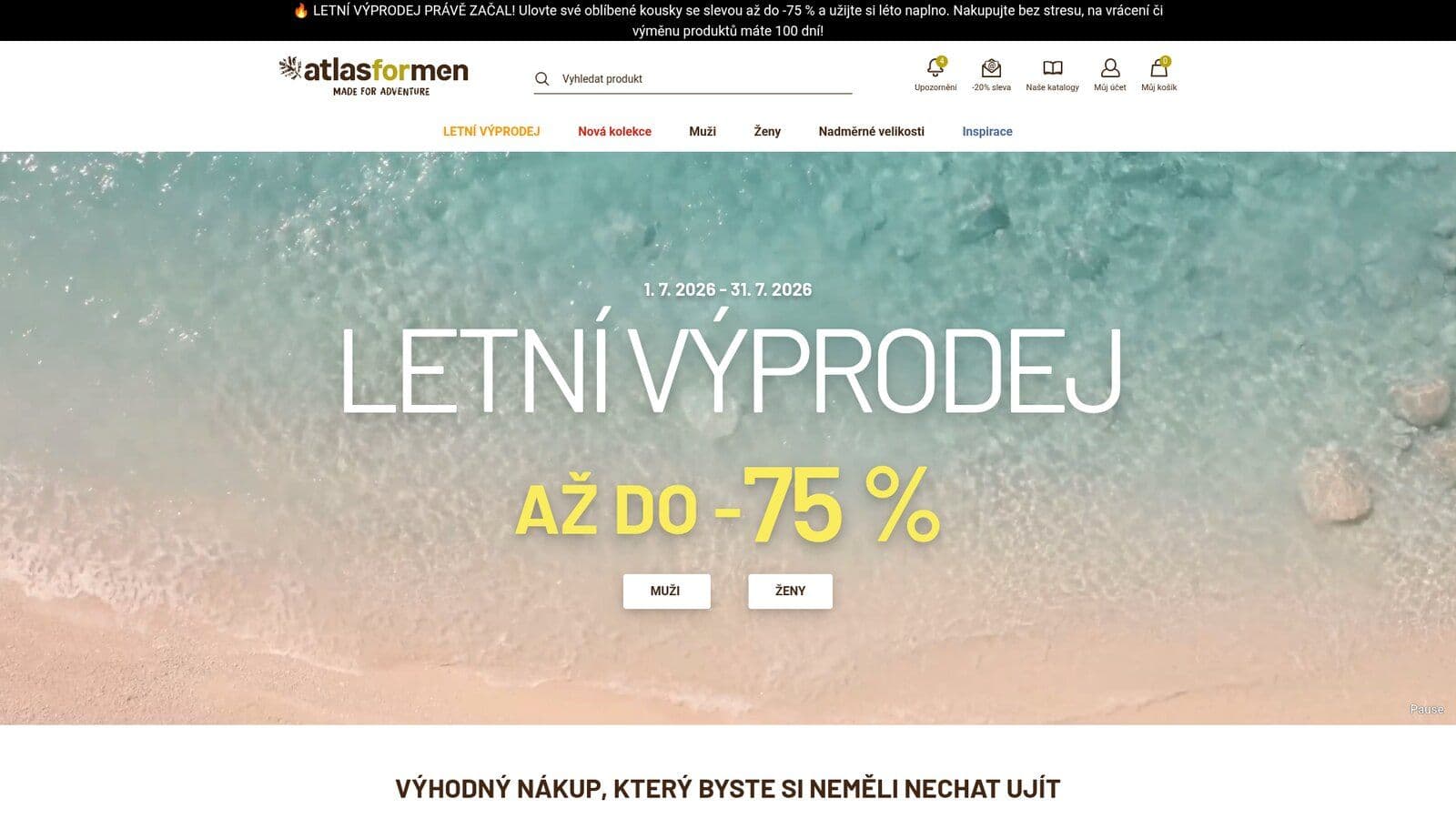 Aktuální homepage e-shopu Atlas for Men, pro který PackWay provozuje call centrum a logistiku